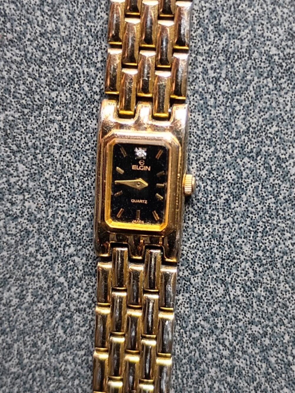 Vintage 1990s Elgin Gold Tone Black Diamond Women's Watch Tank Style